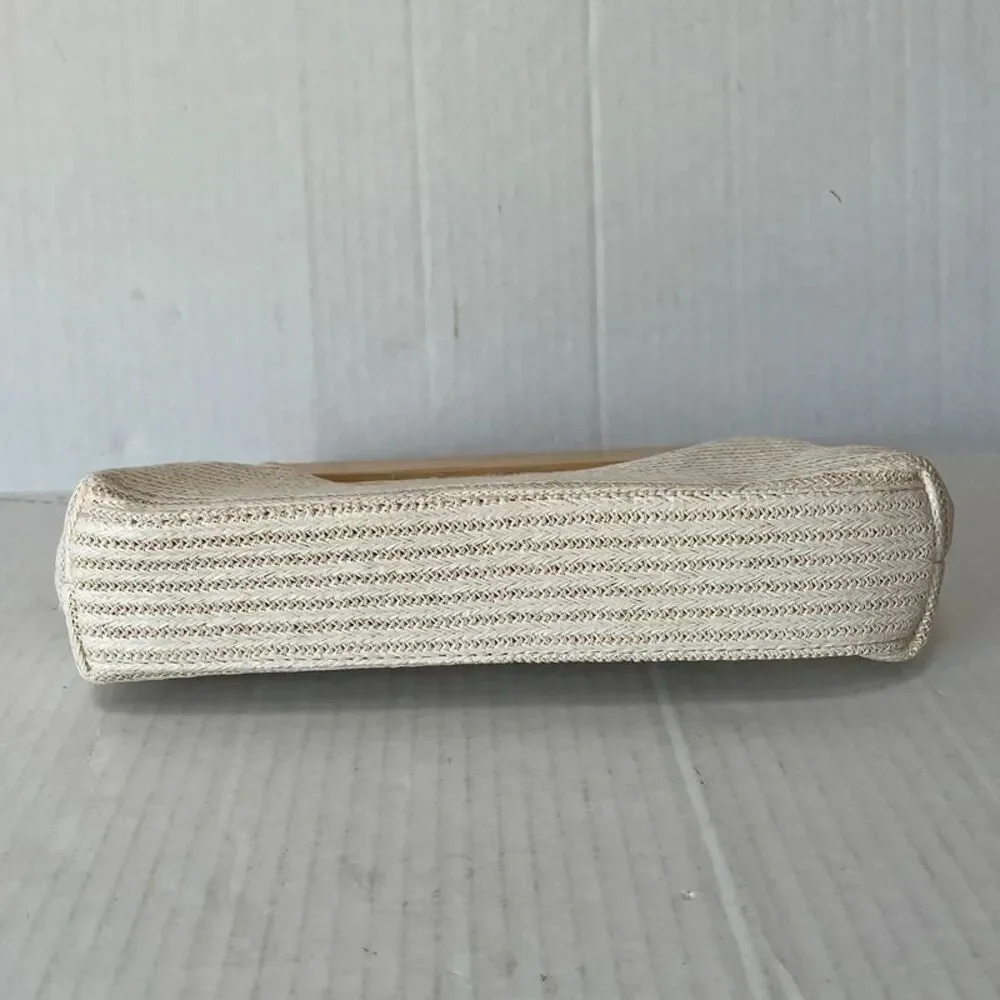 Tommy Bahama woven raffia structured clutch boho crossbody chain strap wood fram
